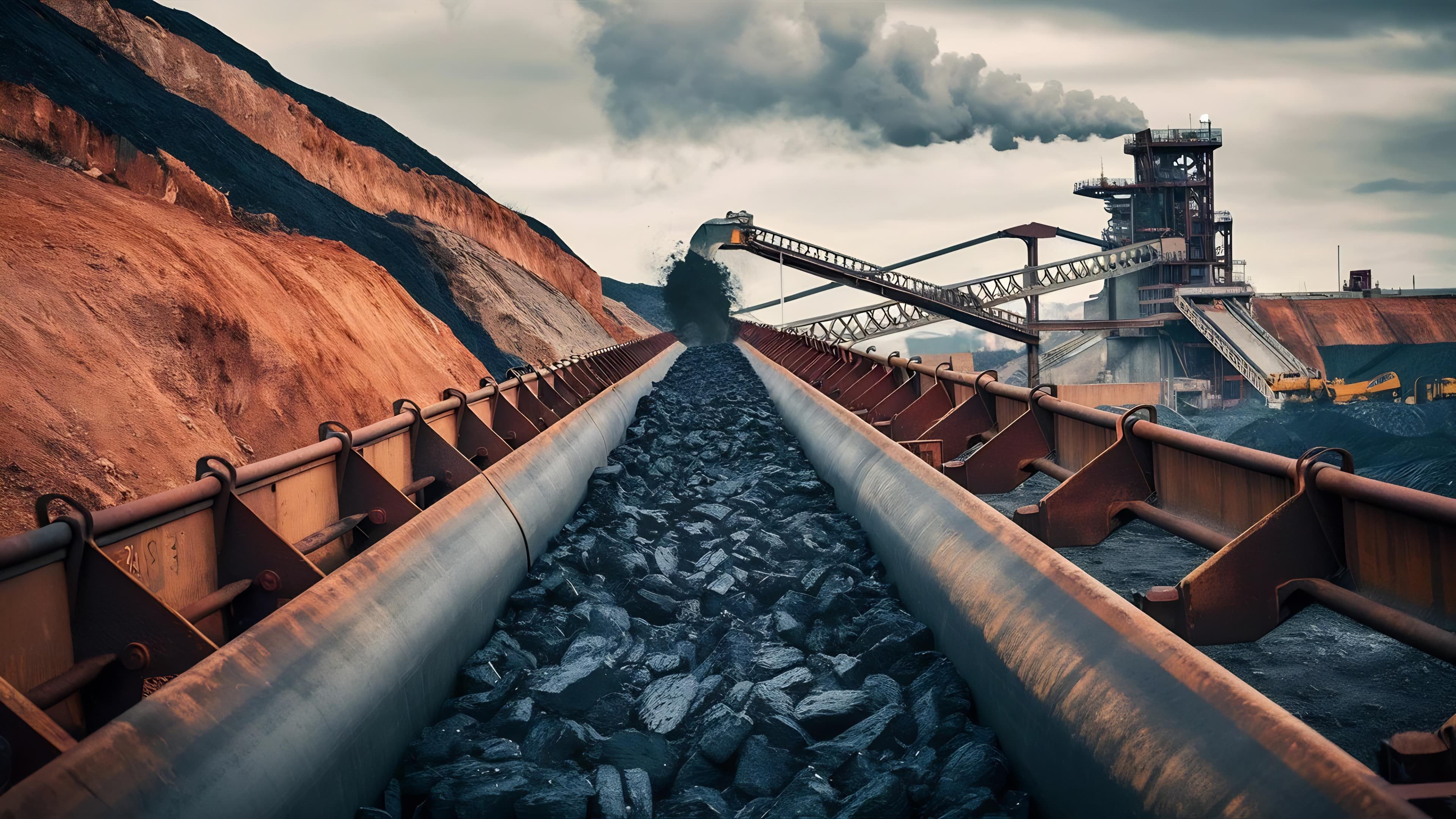 Conveyor moving raw coal materials from a mine